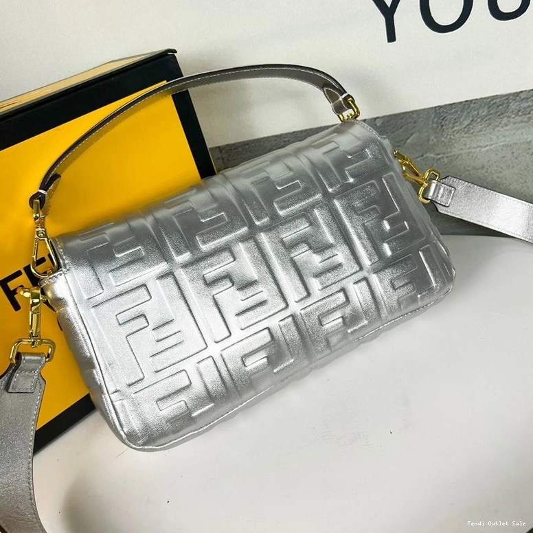 Cheap Fendi Medium Leather Silver Baguette FF Motif Bag In Nappa 0709